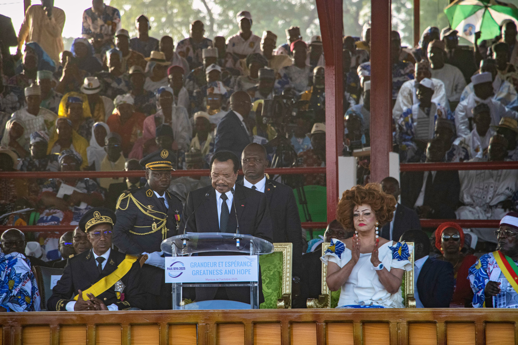 Cameroon's President Paul Biya delivers a speech during a political rally at Lamido Yaya Dairou Stadium in Maroua, Cameroon, Tuesday, Oct. 7, 2025. (AP Photo/Welba Yamo Pascal)