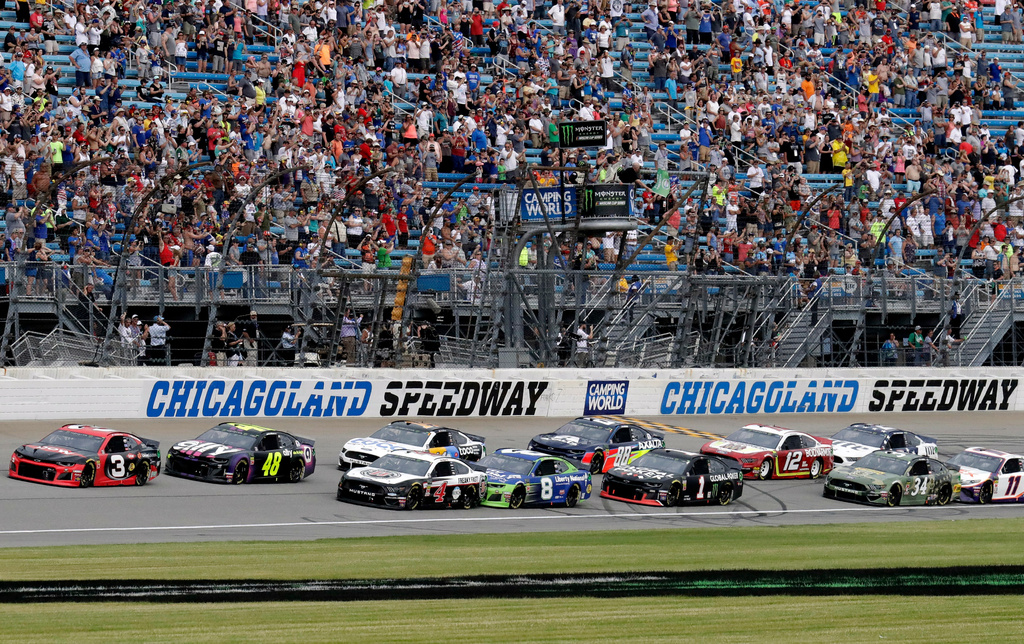 FILE - Drivers start a NASCAR Cup Series auto race at Chicagoland Speedway in Joliet, Ill., Sunday, June 30, 2019. (AP Photo/Nam Y. Huh,File)