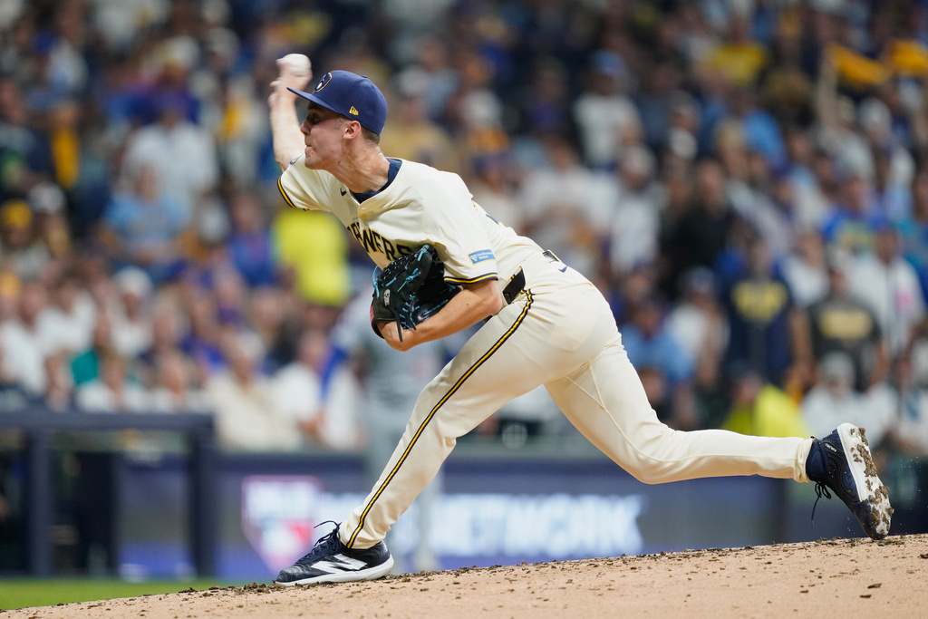 Milwaukee Brewers relief pitcher Jacob Misiorowski (32) delivers during the third inning of Game 2 of baseball's National League Division Series against the Chicago Cubs Monday, Oct. 6, 2025, in Milwaukee. (AP Photo/Kayla Wolf)