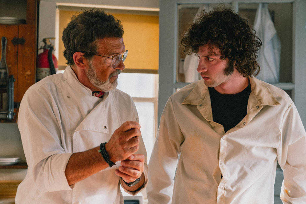This image released by A24 shows Antonio Banderas, left, and Dominic Sessa in a scene from "Tony." (A24 via AP)