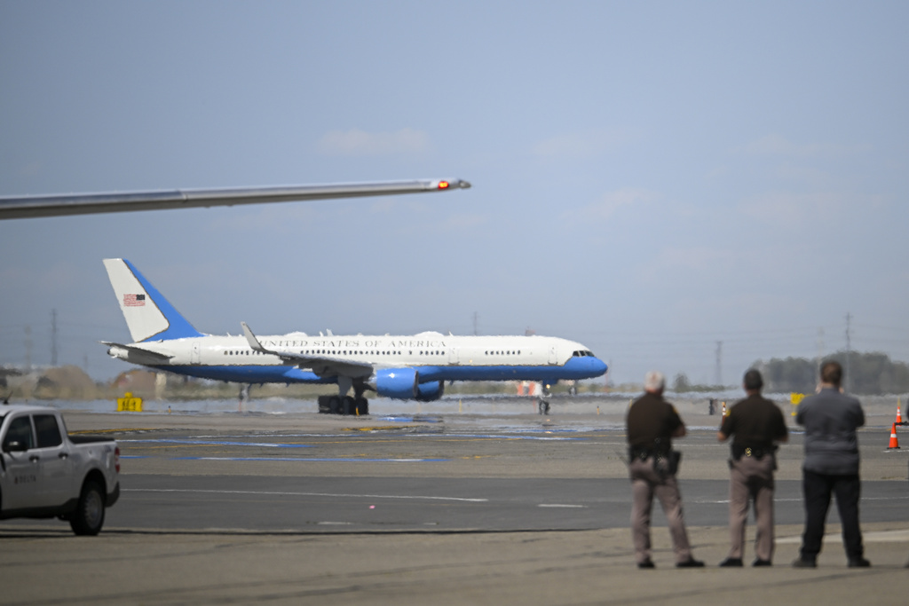 Air Force Two arrives to collect the body of Charlie Kirk, the CEO and co-founder of Turning Point USA who was shot and killed, at Salt Lake City International Airport on Thursday, Sept. 11, 2025, in Salt Lake City. (AP Photo/Alex Goodlett)