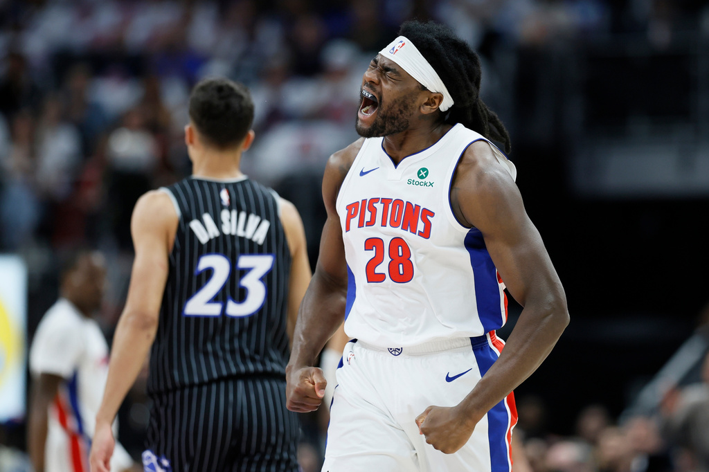 Detroit Pistons forward Isaiah Stewart (28) celebrates after forcing a turnover by the Orlando Magic during the first half in Game 2 of a first-round NBA basketball playoffs series Wednesday, April 22, 2026, in Detroit. (AP Photo/Duane Burleson)
