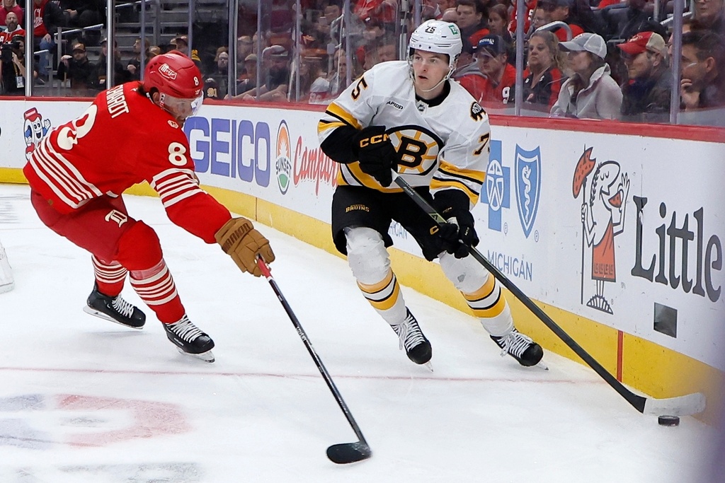Detroit Red Wings defenseman Ben Chiarot (8) guards against Boston Bruins left wing Lukas Reichel (75) during the second period of an NHL hockey game Saturday, March 21, 2026, in Detroit. (AP Photo/Duane Burleson)