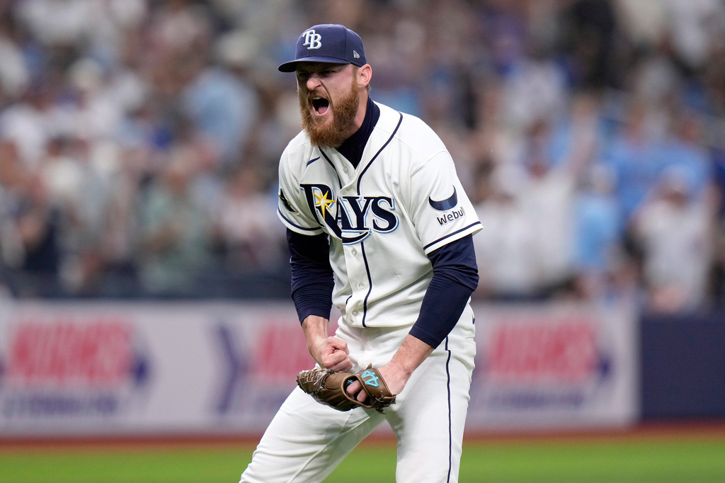 Tampa Bay Rays pitcher Bryan Baker reacts after closing out the Chicago Cubs during the ninth inning of a baseball game Monday, April 6, 2026, in St. Petersburg, Fla. (AP Photo/Chris O'Meara)