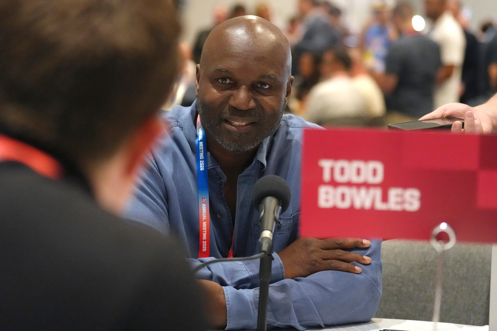 Tampa Bay Buccaneers head coach Todd Bowles listens to a question from a reporter at the NFL football annual meetings, Monday, March 30, 2026, in Phoenix. (AP Photo/Ross D. Franklin)