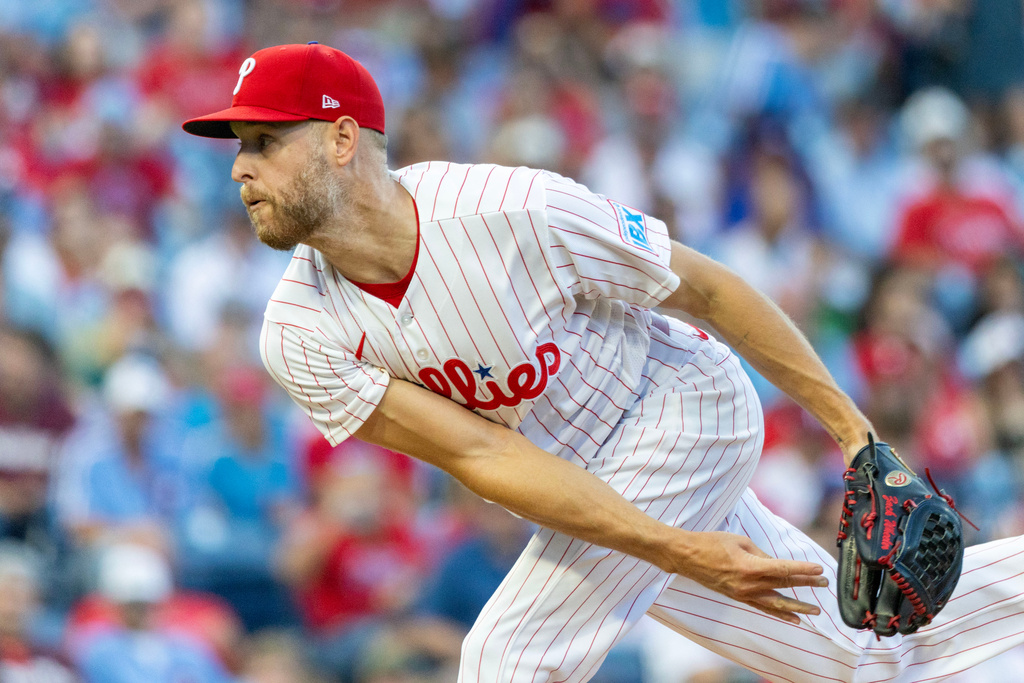 Philadelphia Phillies pitcher Zack Wheeler throws in the first inning of a baseball game against the Atlanta Braves, Saturday, Sept. 5, 2026, in Philadelphia. (AP Photo/Laurence Kesterson)