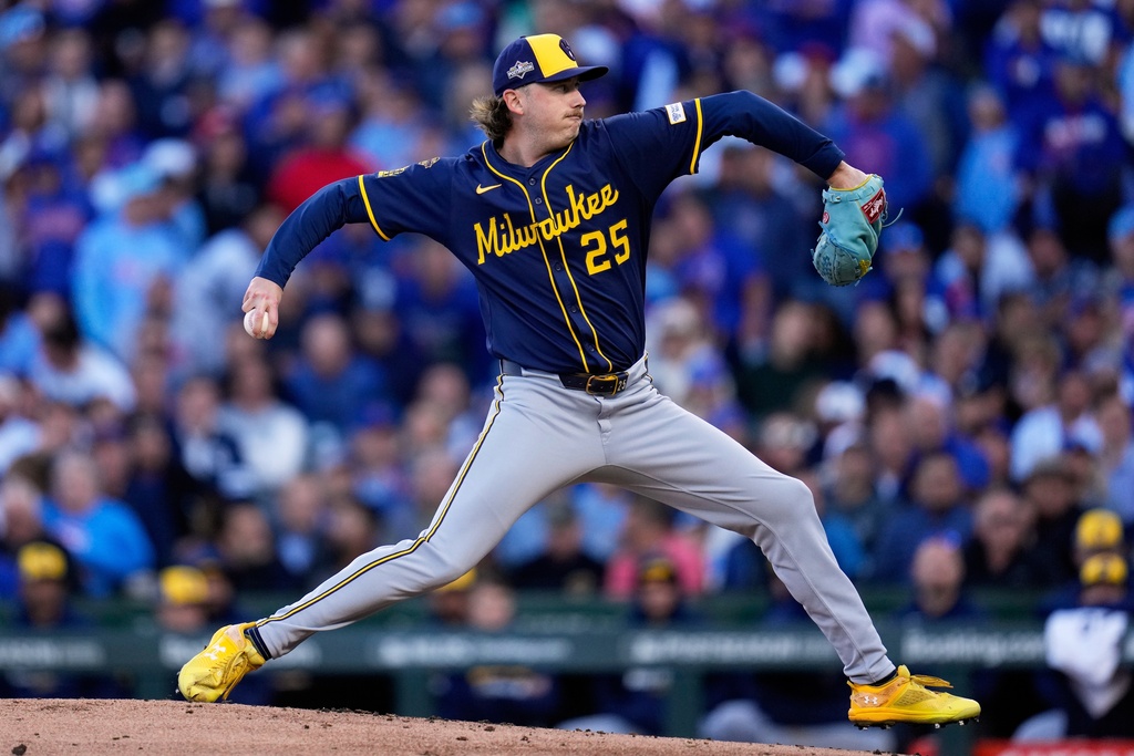Milwaukee Brewers' Nick Mears throws during the first inning of Game 3 of baseball's National League Division Series against the Chicago Cubs Wednesday, Oct. 8, 2025, in Chicago. (AP Photo/Erin Hooley)