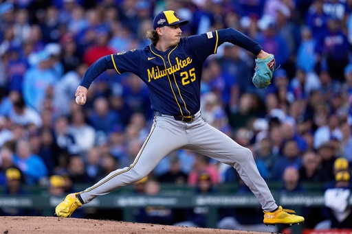 Milwaukee Brewers' Nick Mears throws during the first inning of Game 3 of baseball's National League Division Series against the Chicago Cubs Wednesday, Oct. 8, 2025, in Chicago. (AP Photo/Erin Hooley) Milwaukee Brewers' Nick Mears throws during the first inning of Game 3 of baseball's National League Division Series against the Chicago Cubs Wednesday, Oct. 8, 2025, in Chicago. (AP Photo/Erin Hooley)