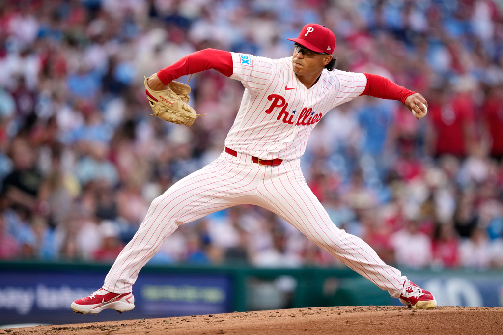 Philadelphia Phillies' Jesús Luzardo pitches during the second inning of a baseball game against the Washington Nationals Tuesday, Aug. 4, 2026, in Philadelphia. (AP Photo/Matt Slocum)