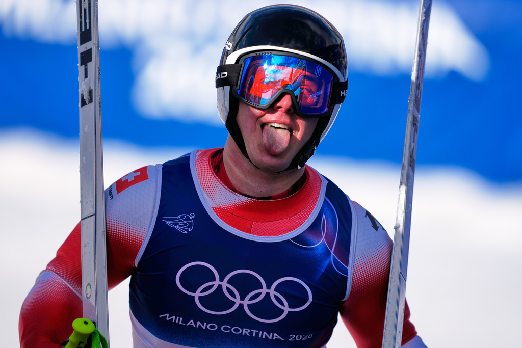 Switzerland's Franjo von Allmen at the finish area, during a men's super-G race, at the 2026 Winter Olympics, in Bormio, Italy, Wednesday, Feb.11, 2026. (AP Photo/Julia Demaree Nikhinson)
