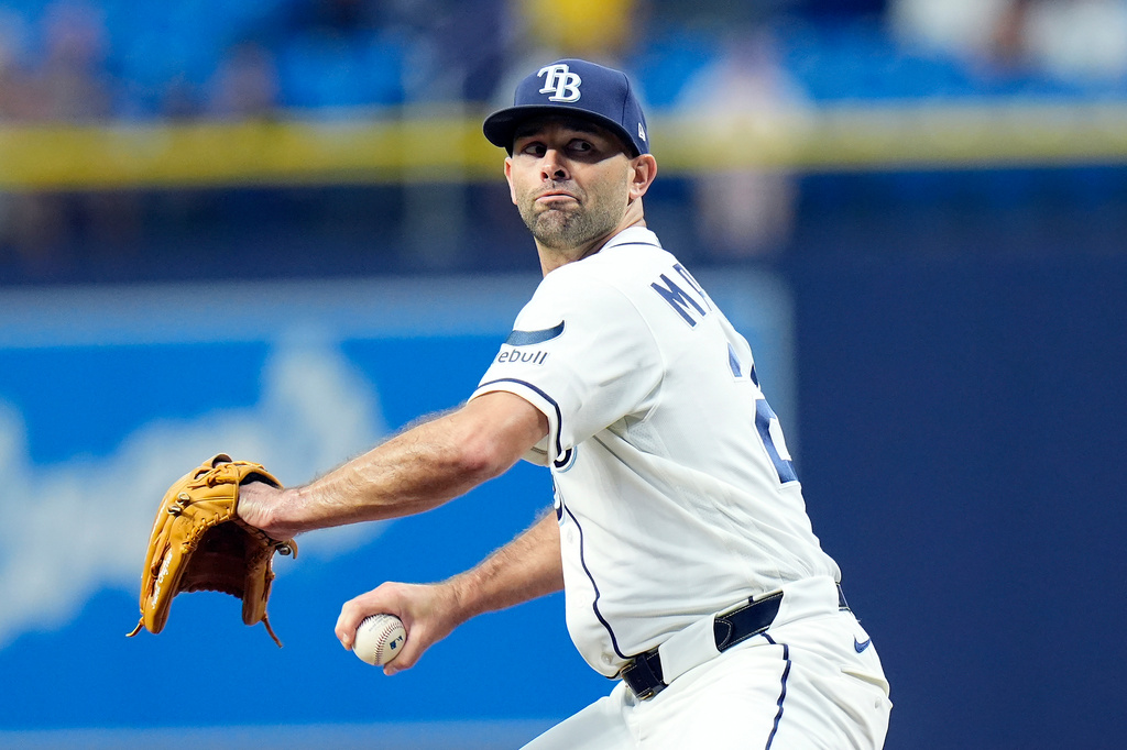 Tampa Bay Rays pitcher Nick Martinez delivers to the Athletics during the first inning of a baseball game Wednesday, Sept. 16, 2026, in St. Petersburg, Fla. (AP Photo/Chris O'Meara)