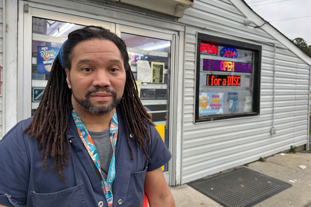 Damion Farrow, 49, who works for a contract security firm, speaking from his hometown of Powellsville, N.C., on March 12, 2026, says he hears from Democratic political campaigns only at election time. But he's been a reliable Democratic voter anyway, he says. (AP Photo/Bill Barrow)