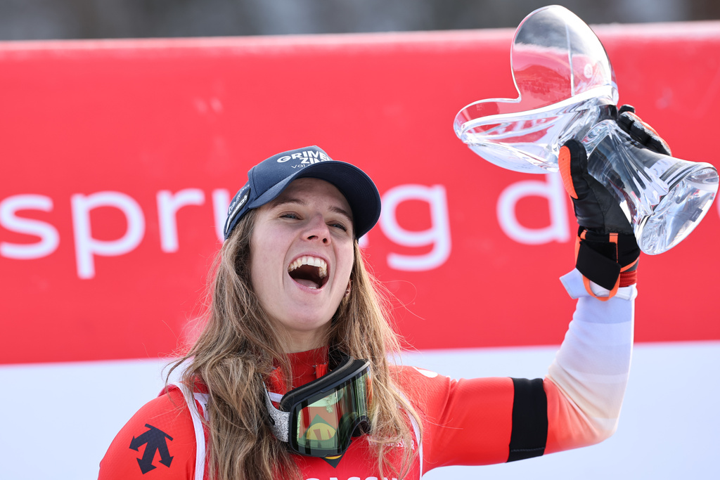 Switzerland's Camille Rast celebrates after winning an alpine ski, women's World Cup slalom, in Kranjska Gora, Slovenia, Sunday, Jan. 4, 2026. (AP Photo/Marco Trovati)