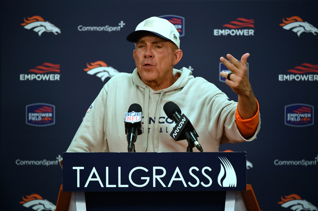 Denver Broncos head coach Sean Payton responds to a question during a press conference after an NFL football game against the Jacksonville Jaguars, Sunday, Sept. 20, 2026, in Denver. (AP Photo/Eric Lutzens)