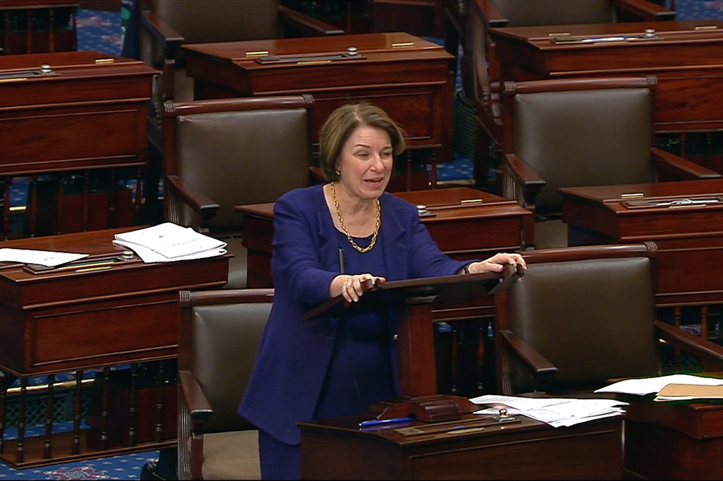 In this image from Senate Television video, Sen. Amy Klobuchar, D-Minn., speaks about the Boundary Waters in northern Minnesota, on the Senate floor at the U.S. Capitol in Washington, Wednesday, April 15, 2026. (Senate Television via AP)