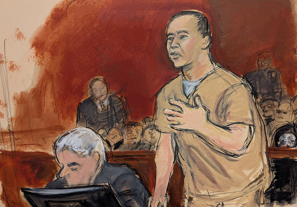 In this courtroom sketch, Guo Wengui, Chinese business tycoon, makes his sentencing statement at Manhattan federal court in New York, Monday, June 29, 2026. (Elizabeth Williams via AP)