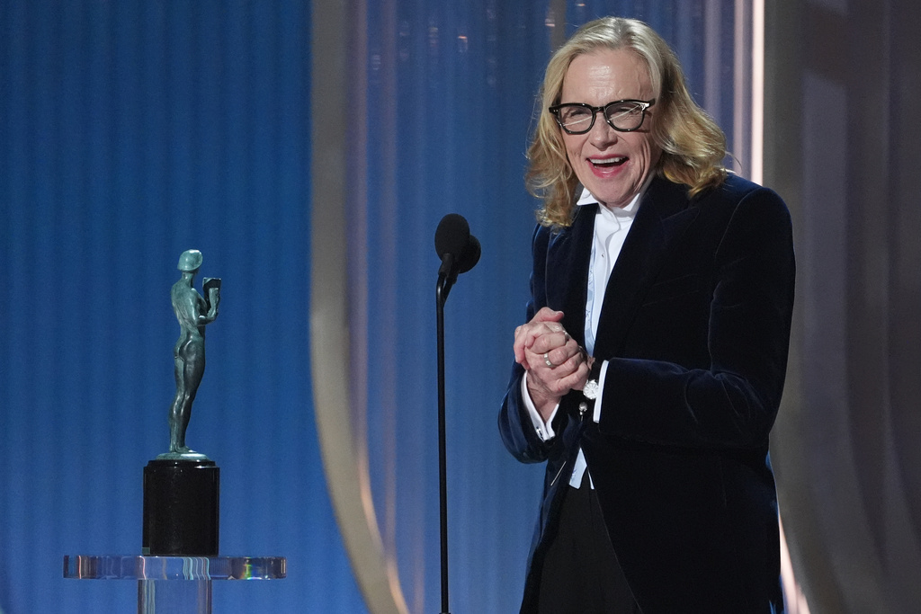 Amy Madigan accepts the award for outstanding performance by a female actor in a supporting role for "Weapons" during the 32nd Annual Actor Awards on Sunday, March 1, 2026, at the Shrine Auditorium and Expo Hall in Los Angeles. (AP Photo/Chris Pizzello)