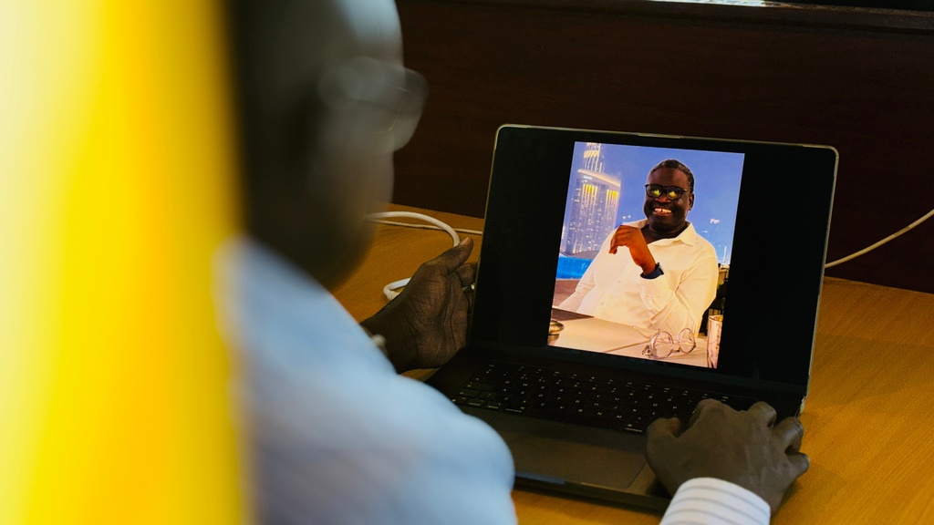 A photo of South Sudanese commentator Samuel Peter Oyay, who was arrested in the United Arab Emirates over a month ago, is seen on a computer screen in Nairobi, Kenya, Monday, Nov. 3, 2025. (AP Photo/Jackson JNjehia)