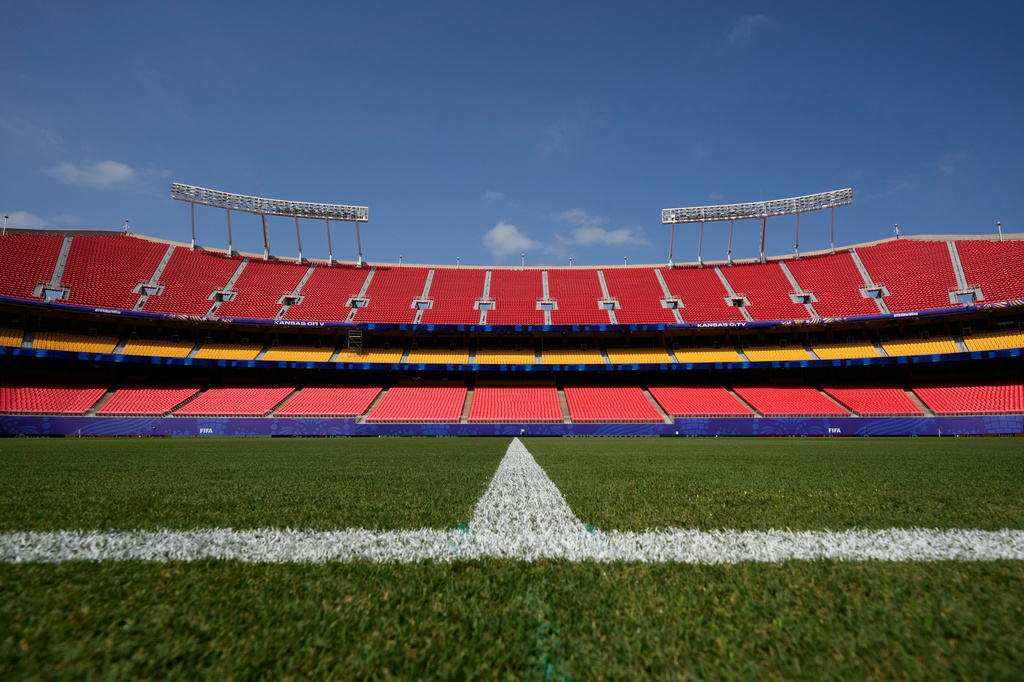 Seating rises beyond the pitch at Arrowhead Stadium as it is transformed to Kansas City Stadium ahead of the FIFA World Cup 2026 soccer tournament Monday, June 8, 2026, in Kansas City, Mo. (AP Photo/Charlie Riedel)