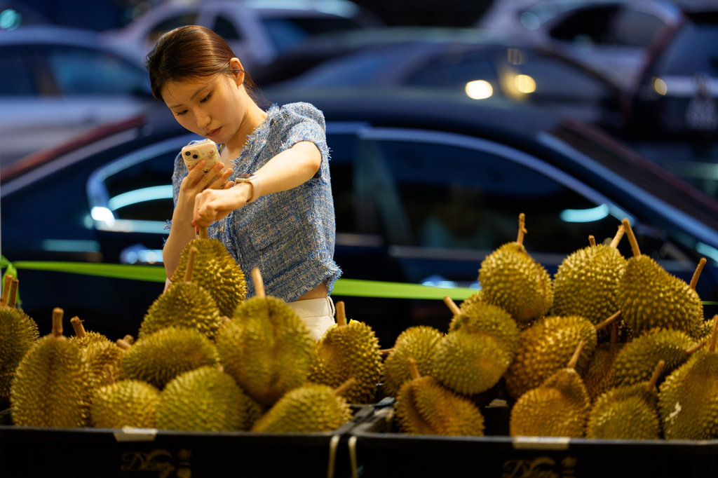 A Chinese tourist take picture of a durian at a durian stall in Petaling Jaya, on the outskirts of Kuala Lumpur, Malaysia, Monday, June 22, 2026. (AP Photo/Vincent Thian)