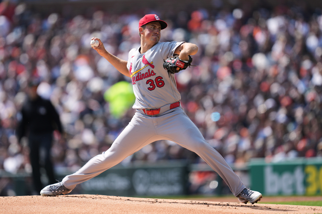 St. Louis Cardinals pitcher Michael McGreevy throws against the Detroit Tigers during the first inning of a baseball game Friday, April 3, 2026, in Detroit. (AP Photo/Paul Sancya)
