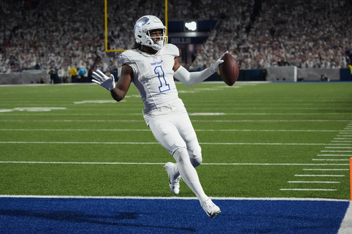Buffalo Bills wide receiver Curtis Samuel (1) scores a touchdown on a catch and run against the New England Patriots during the second half of an NFL football game, Sunday, Sept. 5, 2025, in Orchard Park, N.Y. (AP Photo/Gene J. Puskar) Buffalo Bills wide receiver Curtis Samuel (1) scores a touchdown on a catch and run against the New England Patriots during the second half of an NFL football game, Sunday, Sept. 5, 2025, in Orchard Park, N.Y. (AP Photo/Gene J. Puskar)
