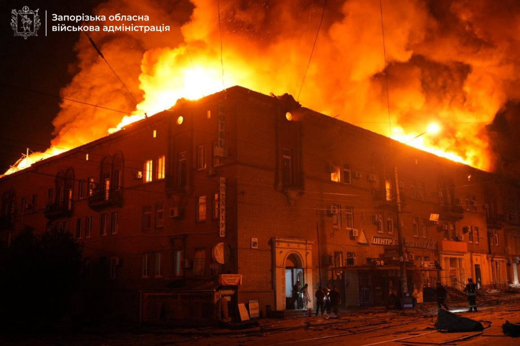 In this photo provided by the Zaporizhzhia Regional Administration on Tuesday, June 16, 2026, a building burns after a Russian strike in Zaporizhzhia, Ukraine. (Zaporizhzhia Regional Administration via AP)