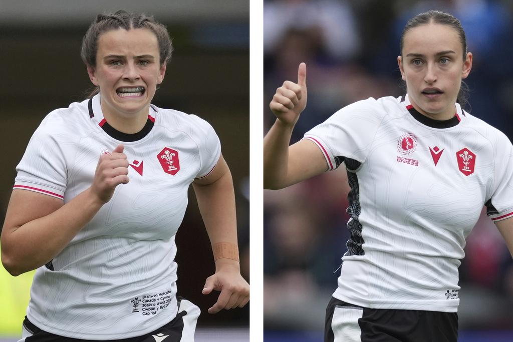 This combo of image shows Wales' Branwen Metcalfe, left, and her sister Nel Metcalfe during a group B match at the 2025 Women's Rugby World Cup between Canada and Wales in Manchester, England, Saturday, Aug. 30, 2025 (AP Photo/Dave Shopland)
