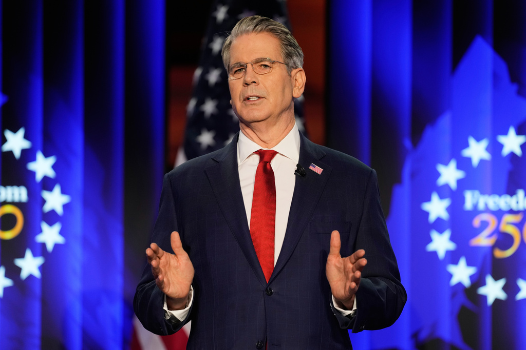 Scott Bessent, US Secretary of the Treasury, holds a speech at the USA House during the Annual Meeting of the World Economic Forum in Davos, Switzerland, Tuesday, Jan. 20, 2026. (AP Photo/Markus Schreiber)