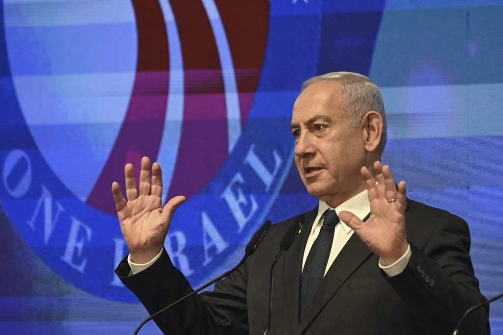 Israeli Prime Minister Benjamin Netanyahu speaks at the opening event of the bipartisan delegation of American legislators to Israel in Jerusalem, Monday, Sept. 15, 2025. (Debbie Hill/Pool Photo via AP)