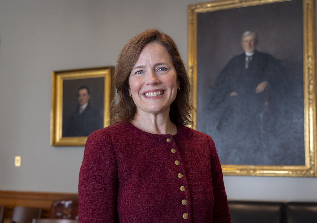 Supreme Court Associate Justice Amy Coney Barrett poses for a photo during an interview with The Associated Press, prior to the release of her new book, "Listening to the Law: Reflections on the Court and Constitution," about her path to the high court and her approach to the Constitution, at the Supreme Court in Washington, Wednesday, Sept. 3, 2025. (AP Photo/J. Scott Applewhite)