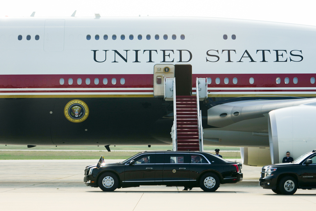 The presidential limousine, with President Donald Trump inside, arrives in front of the new Air Force One, Wednesday, July 1, 2026, at Joint Base Andrews, Md. (AP Photo/Julia Demaree Nikhinson)