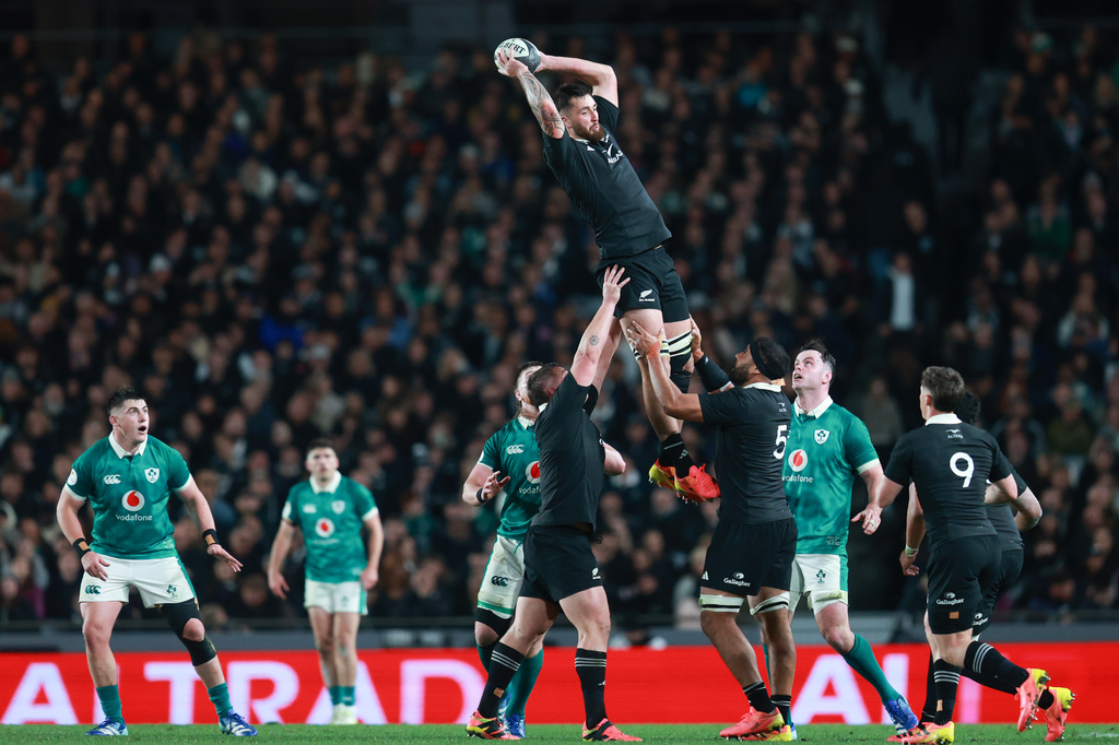 New Zealand's Josh Lord, top, gathers a high ball during their Nations Championship rugby international test match against Ireland in Auckland, New Zealand, Saturday, July 18, 2026. (Craig Butland/Photosport via AP)