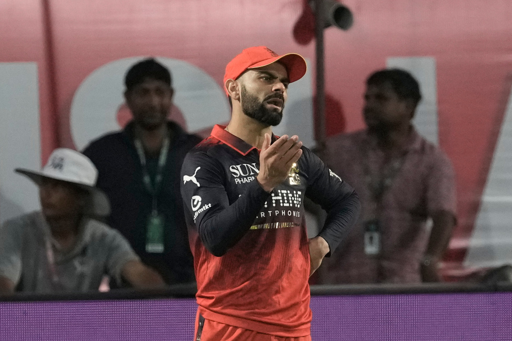 Royal Challengers Bengaluru's Virat Kohli reacts after miss field during the Indian Premier League cricket match between Punjab Kings and Royal Challengers Bengaluru in Dharamshala, India, Sunday, May 17, 2026. (AP Photo/Ashwini Bhatia)