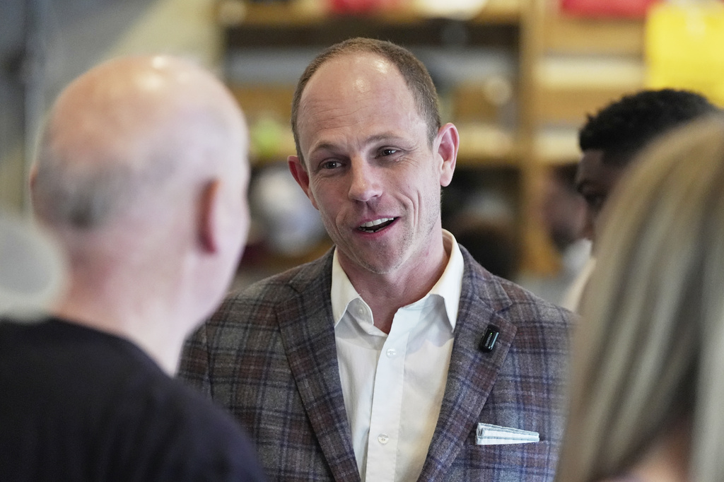 Ohio gubernatorial candidate Casey Putsch speaks with supporters at a campaign event in Toledo, Ohio, Thursday, April 9, 2026. (AP Photo/Sue Ogrocki)