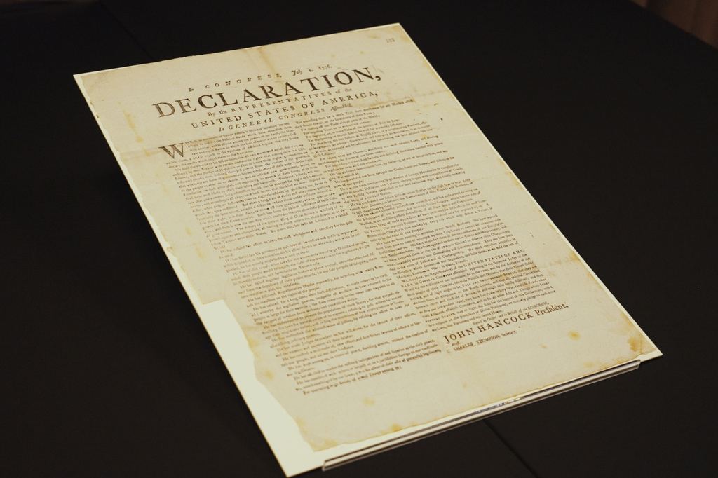 This image made from video shows a newly discovered copy of the U.S. Declaration of Independence, printed in July 1776 in Exeter, is displayed at The National Archives in London, Thursday, July 2, 2026. (AP Photo/Kwiyeon Ha)