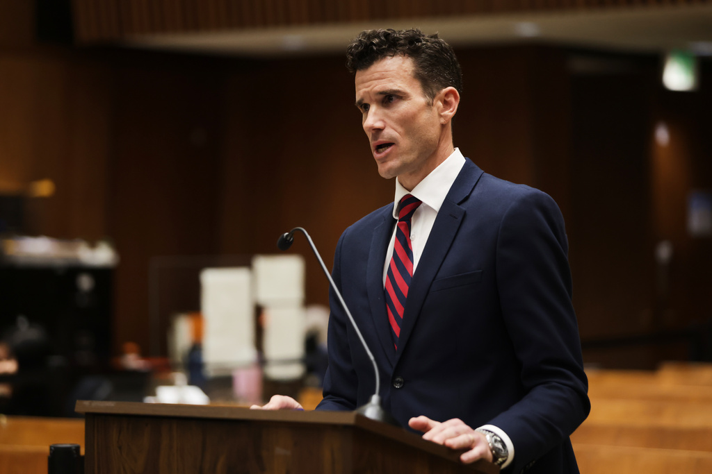 Los Angeles Deputy District Attorney Alexander Bott speaks during the arraignment for Ivanna Lisette Ortiz, accused of firing shots at Rihanna's LA home, Tuesday, March 10, 2026, in Los Angeles. (AP Photo/Ethan Swope/Pool)