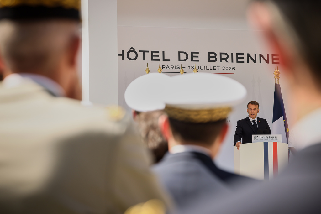 French President Emmanuel Macron delivers his traditional address to the armed forces on the eve of the Bastille Day parade at the Ministry of Defense in Paris, Monday, July 13, 2026. (AP Photo/Thomas Padilla, Pool)