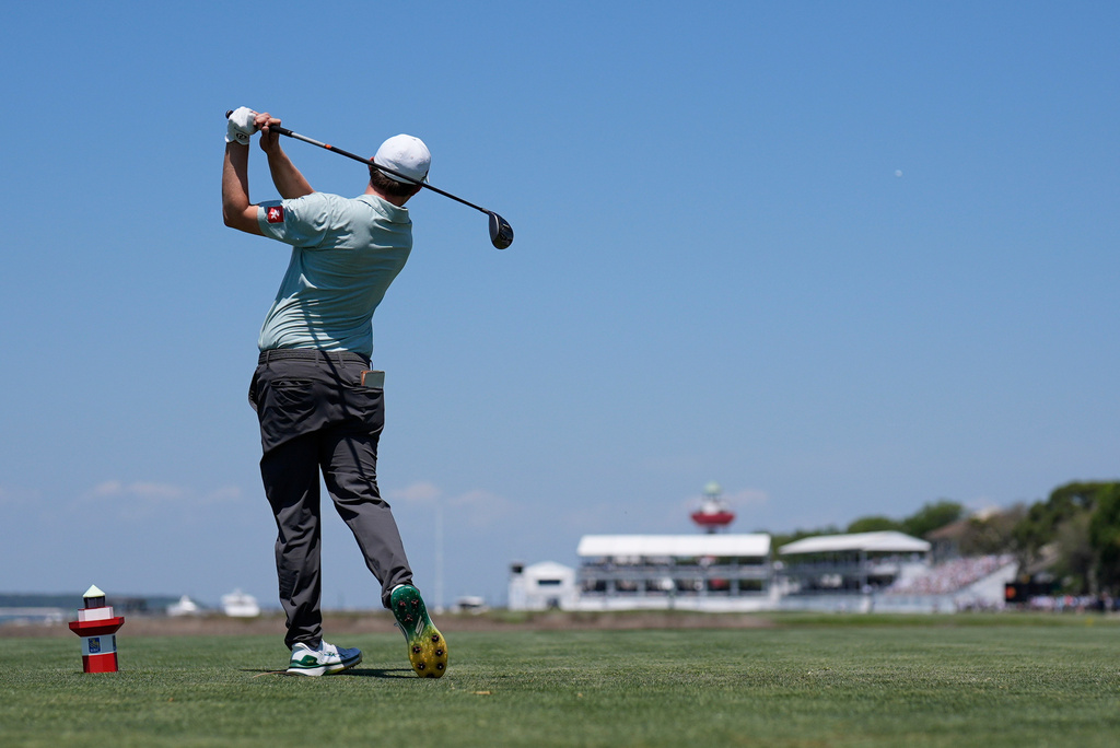 Matt Fitzpatrick, of England, hits from the 18th tee during the second round at the RBC Heritage golf tournament Friday, April 17, 2026, in Hilton Head, S.C. (AP Photo/Mike Stewart)