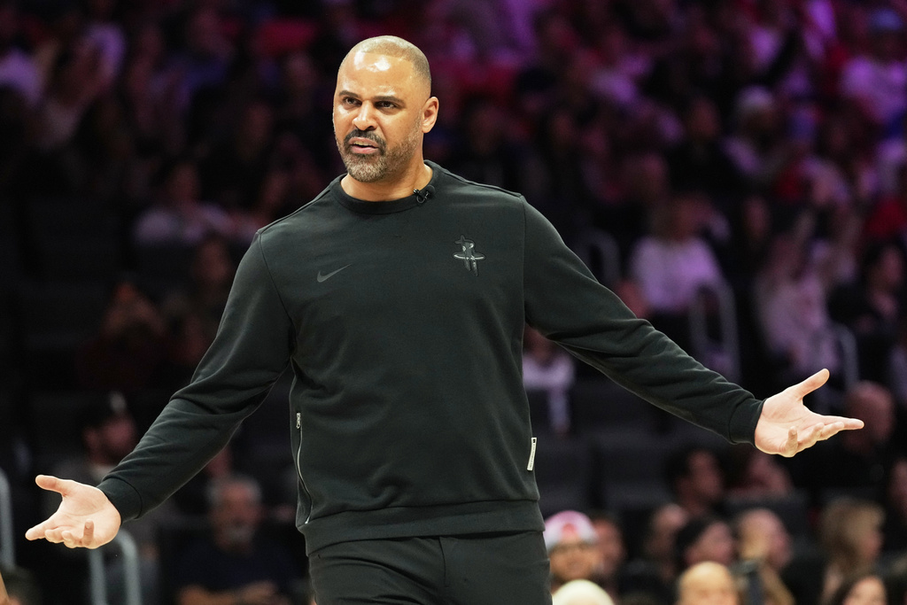 Houston Rockets head coach Ime Udoka reacts during the first half of an NBA basketball game against the Miami Heat, Saturday, Feb. 28, 2026, in Miami. (AP Photo/Lynne Sladky)
