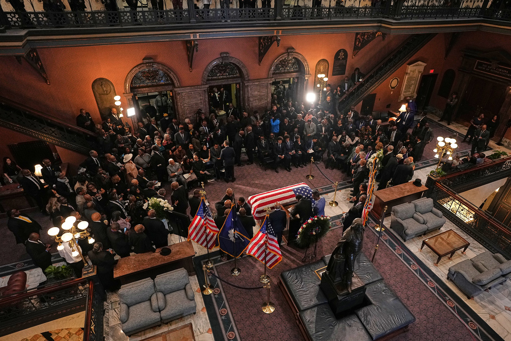 People gather inside the South Carolina Statehouse as the Rev. Jesse Jackson lies in state Monday, March 2, 2026, in Columbia, S.C. (AP Photo/Matt Kelley, Pool)