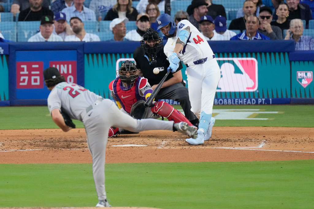 Los Angeles Dodgers' Andy Pages (44) hits a three-run home run off of Arizona Diamondbacks pitcher Zac Gallen, foreground, during the fifth inning of an opening-day baseball game Thursday, March 26, 2026, in Los Angeles. (AP Photo/Mark J. Terrill)