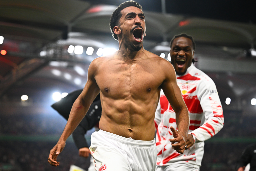 Stuttgart's Tiago Tomas celebrates scoring the winning goal during a German Cup semifinal soccer match between VfB Stuttgart and SC Freiburg, Thursday, April 23, 2026, in Stuttgart, Germany. (Tom Weller/dpa via AP)