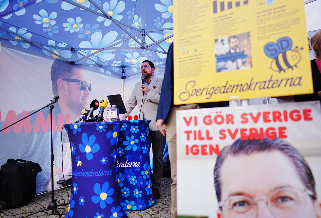 Sweden Democrats party leader Jimmie Åkesson (SD) presents the party's election manifesto for 2026 at Stora torget in Nyköping, Sweden, Monday, Sept. 7, 2026. (Magnus Lejhall/TT News Agency via AP)
