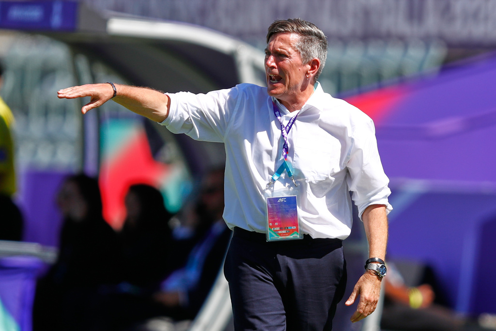 Japan's coach Nils Nielsen gestures during the Women's Asia Cup soccer match between Japan and Taiwan in Perth, Wednesday, March 4, 2026. (AP Photo/GaryDay)