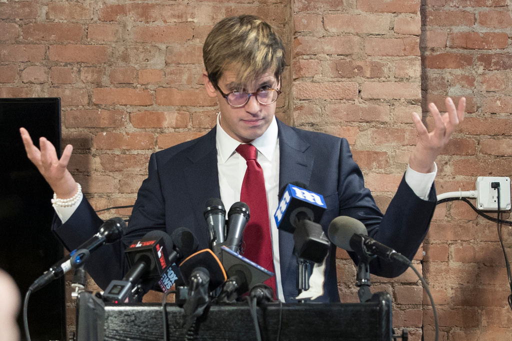 FILE - Milo Yiannopoulos speaks during a news conference in New York, Feb. 21, 2017. (AP Photo/Mary Altaffer, File)