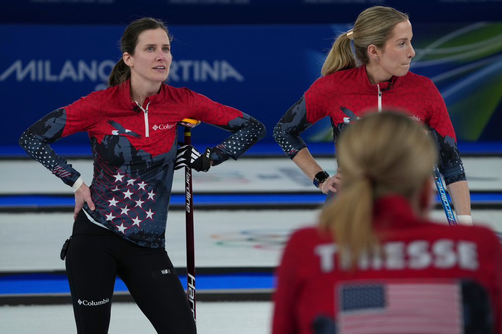United States' Tara Peterson looks on during a women's curling semifinal match against Switzerland, at the 2026 Winter Olympics, in Cortina d'Ampezzo, Italy, Friday, Feb. 20, 2026. (AP Photo/Misper Apawu)