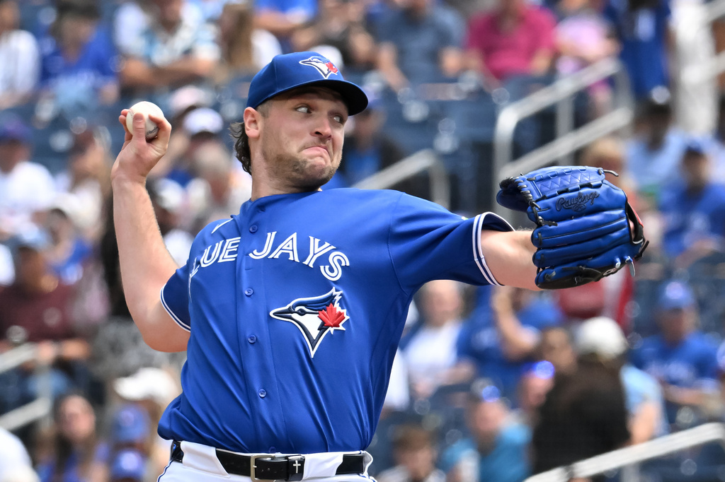 Toronto Blue Jays starting pitcher Trey Yesavage (39) throws to a Chicago White Sox batter during first inning MLB baseball action in Toronto on Sunday, July 19, 2026. (Jon Blacker/The Canadian Press via AP)