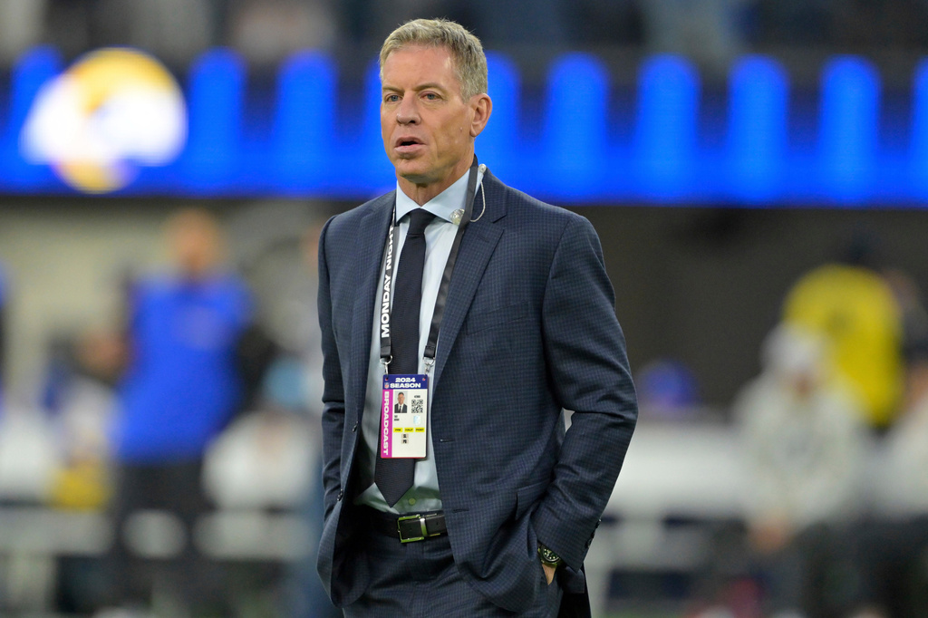 FILE - Troy Aikman prior to an NFL football game between the Los Angeles Rams and the Miami Dolphins, Monday, Nov. 11, 2024, in Inglewood, Calif. (AP Photo/Jayne Kamin-Oncea, File)