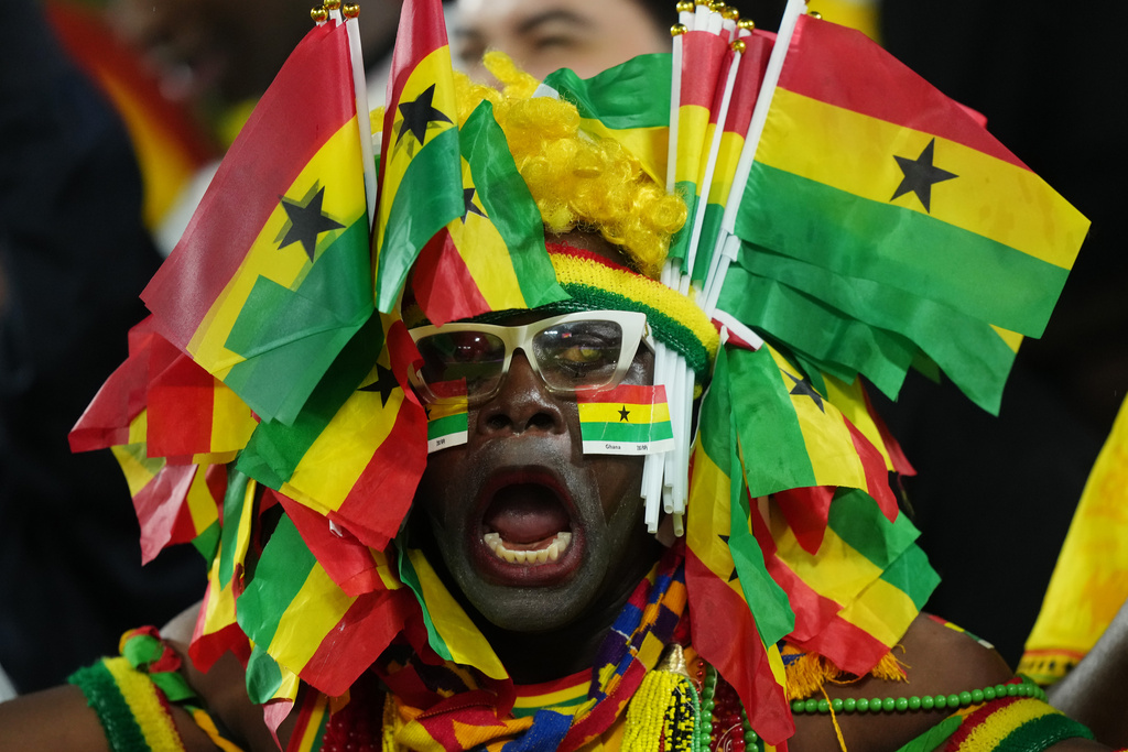 A fan celebrates after Ghana defeated Panama in a World Cup Group L soccer match, in Toronto, on Wednesday, June 17, 2026. (Nathan Denette/The Canadian Press via AP)